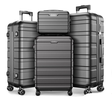 4 Pack Luggage Set Hardshell Lightweight Suitcase with Integrated TSA Lock and Spinner Wheels, 14" Travel Case, 20" Carry-On Luggage, 24" Checked Luggage, 28" Checked Luggage, Black