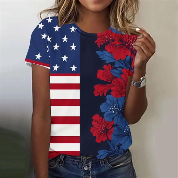 qelini 4th of July Shirts for Women Plus Size Vintage Tee Crewneck Short Sleeve Shirt Patriotic Print Summer Cloths