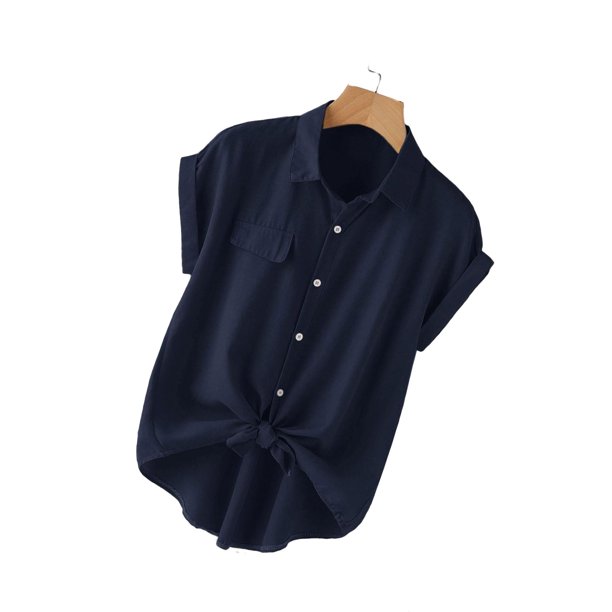 Casual Collar Shirt Short Sleeve Navy Blue Plus Size Blouses (Women's ...