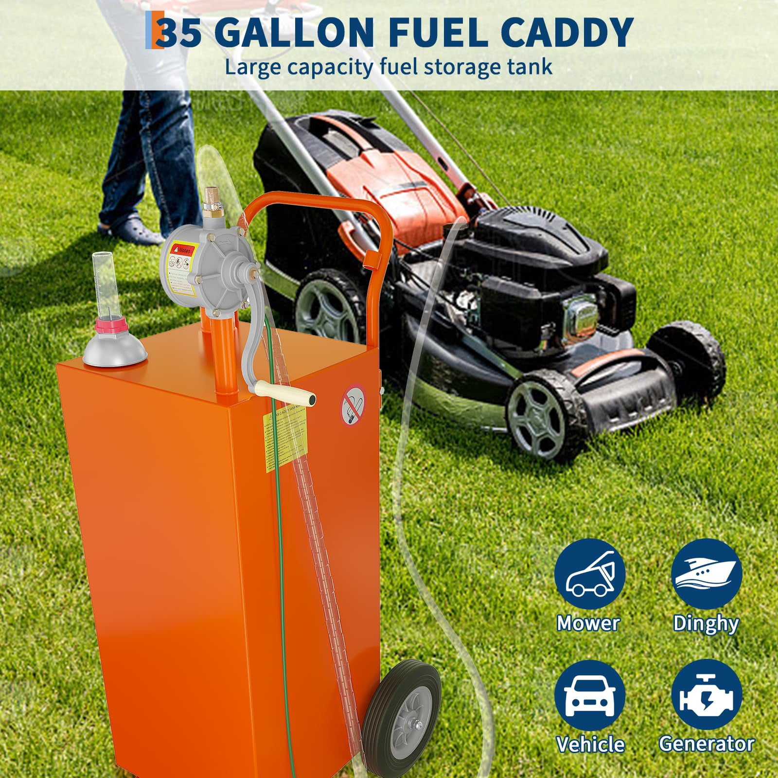 Luku 35 Gallon Fuel Caddy,Fuel Storage Tank with Manual Transfer Pump,Gasoline Diesel Fuel Container for Cars,Lawn Mowers,ATVs,Boats,More,Orange