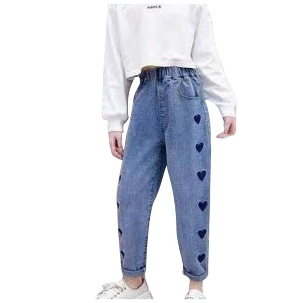 Odeerbi 3-14 Años Chicas Vaqueros Lindo Amor Imprimir Pantalones de Denim Primavera Verano Cintura Elástica Vaquero Pantalones de Longitud Completa Con Bolsillo