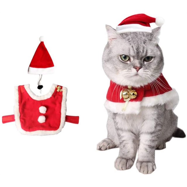 Disfraz de gato para Navidad, capa de Papá Noel para mascotas con cascabeles, bonito gorro navideño, un conjunto de dulces regalos para perros y gatitos (S)