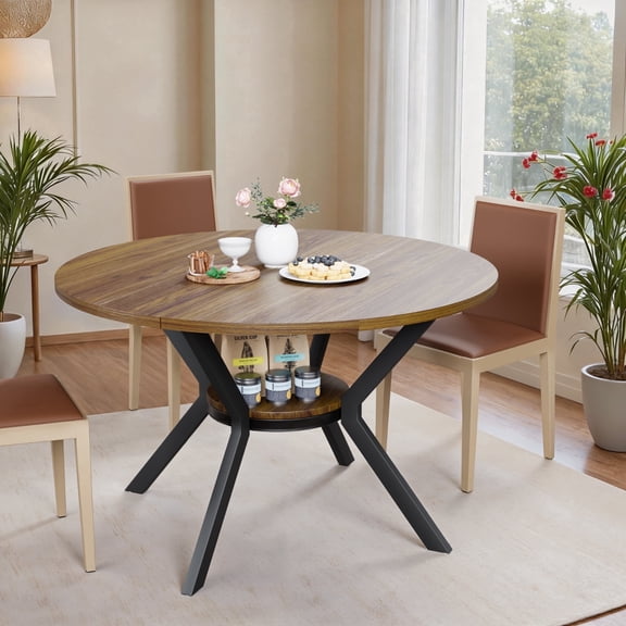 47" Round Dining Table for 4-6, Dining Table with Storage Shelf, Wood Grain Top, Black Metal Legs, Space Saving Dinner Tables, Circle Kitchen Tables, Walnut