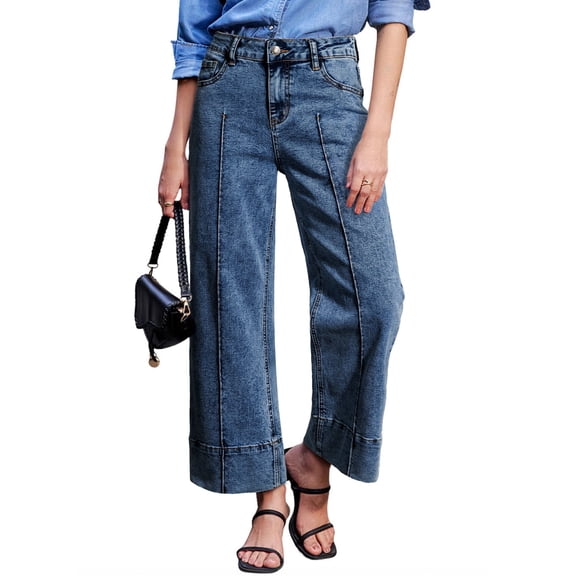 DOKOTOO Jeans for Women High Waisted Wide Leg Stretch Denim Cropped Ankle Jeans Vertical Seam Loose Fit Baggy Jeans with Pockets
