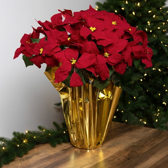 Northlight Artificial Christmas Poinsettia in a Wrapped Pot - 28" - Red and Gold