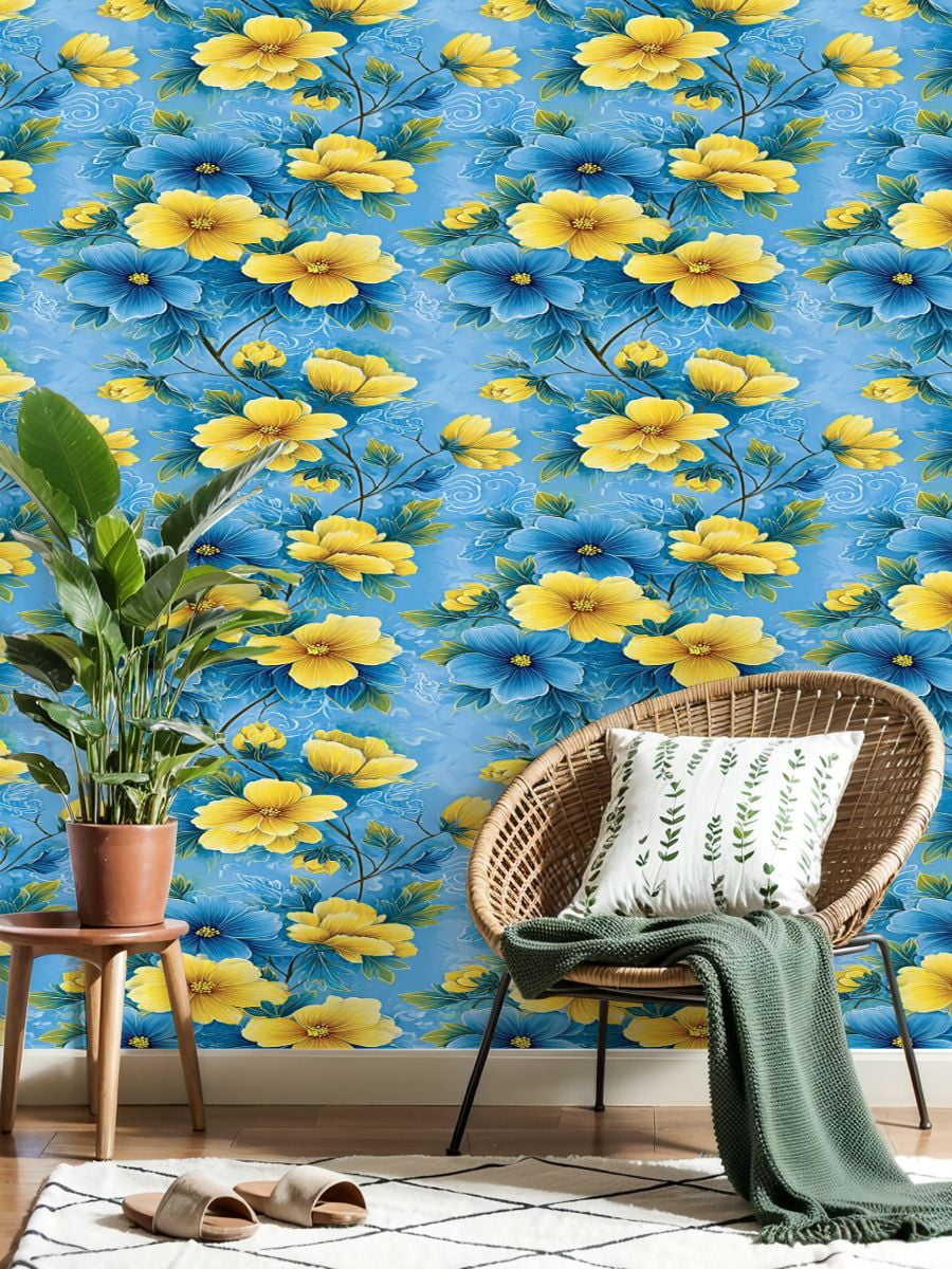 Flower Peel and Stick Wallpaper 17.7in x 9.8ft Blue Yellow Floral Soft Blue Contact Paper Vinyl Waterproof Self Adhesive Wall Paper for Bedroom Shelf Cabinet Renter Friendly