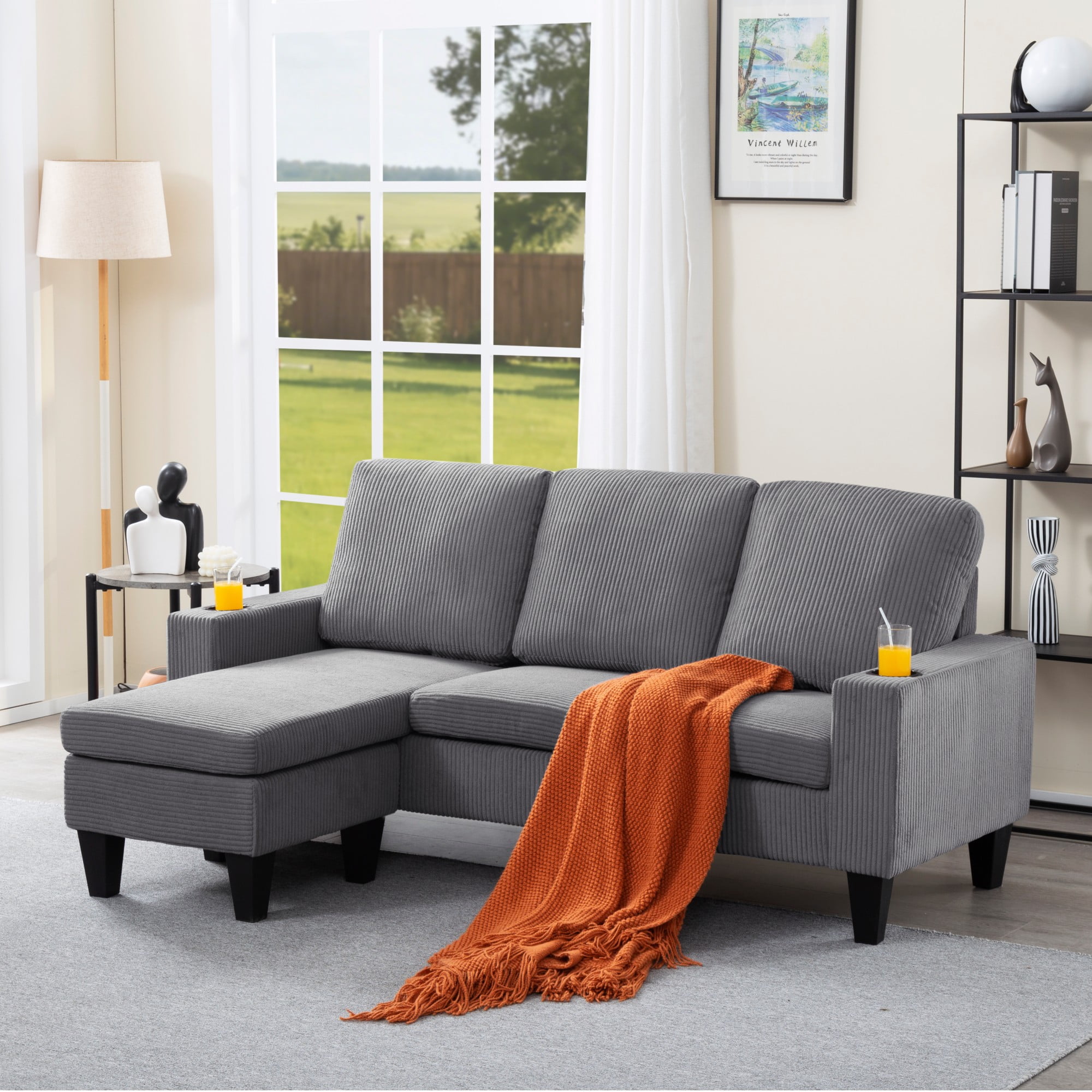 Gewnee Light Grey 69.88” L-Shaped Sofa, Corduroy Reversible Ottoman with Cup Holders for Home/Office