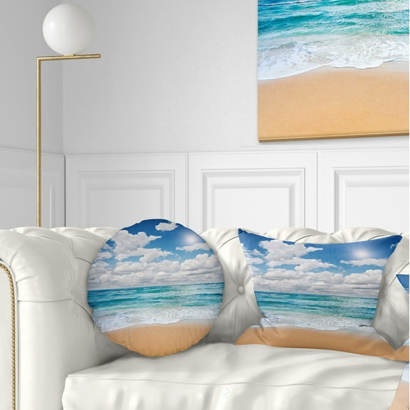 Designart Peaceful Seashore under White Clouds - Modern Beach Throw Pillow - 12x20