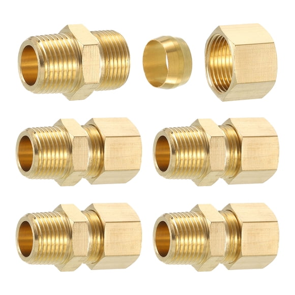 5Pack Brass Pipe Fitting, 1/2" OD x 3/8" NPT Male Brass Compression Tube Fitting, Brass Compression Union Connector, Brass Straight Coupling Adapter Fitting Fit 1/2" Pipe