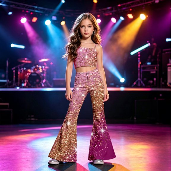 FYDUU Sparkling Glitter Print Flare Leg Pants for Girls Dance Wear Bell-Bottoms Trousers for Performances and Party Wear Leisure Pants 13-14 Years