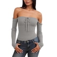 thumbnail image 3 of YanHoo Off The Shoulder T Shirts for Women Long Sleeve Ribbed Knit Pullover Going Out Crop Tops Basic Casual Slim Fit Y2k Tops Gray,M, 3 of 7
