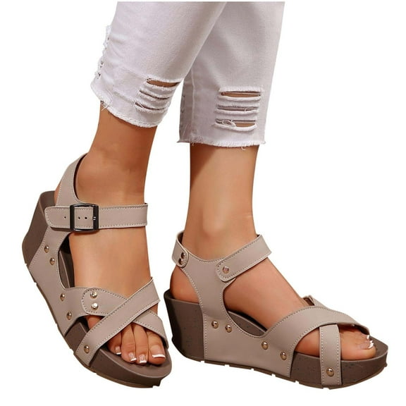 Xfvqtps Flatform Sandals Women Wedge Cross Straps Open Toe Ankle Buckle Strap Summer Wedge Sandals Beige