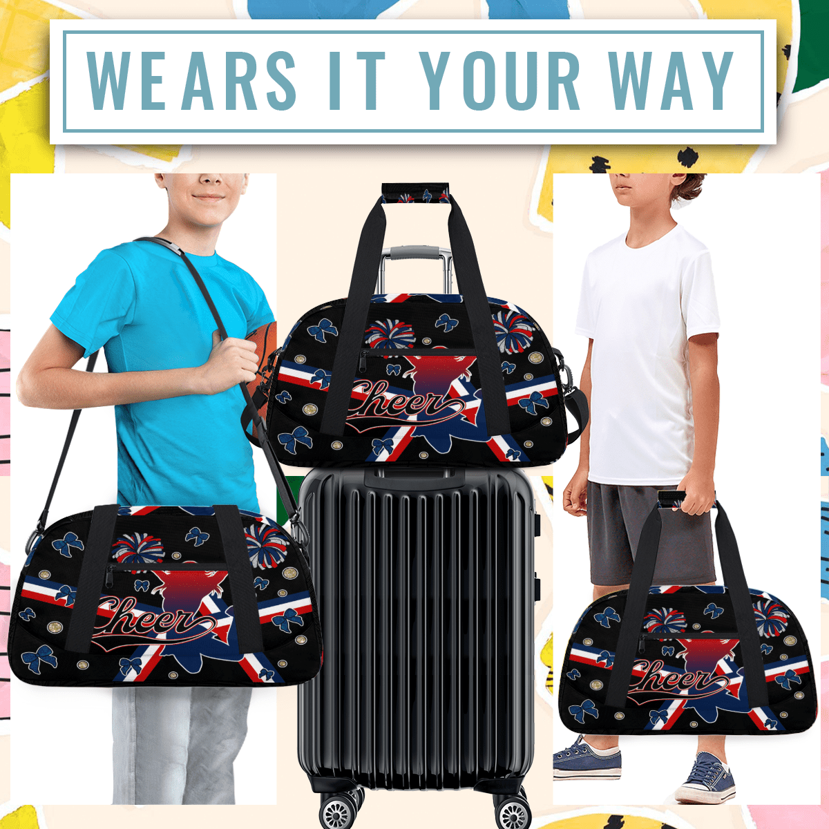 Herdesigns Cheerleader Bags Overnight Duffel Bags Cheer Red Blue Sport Gym Bag Travel Bag Travel Waterproof Weekender Bag Carry On Travel Tote Bag Dance Bags