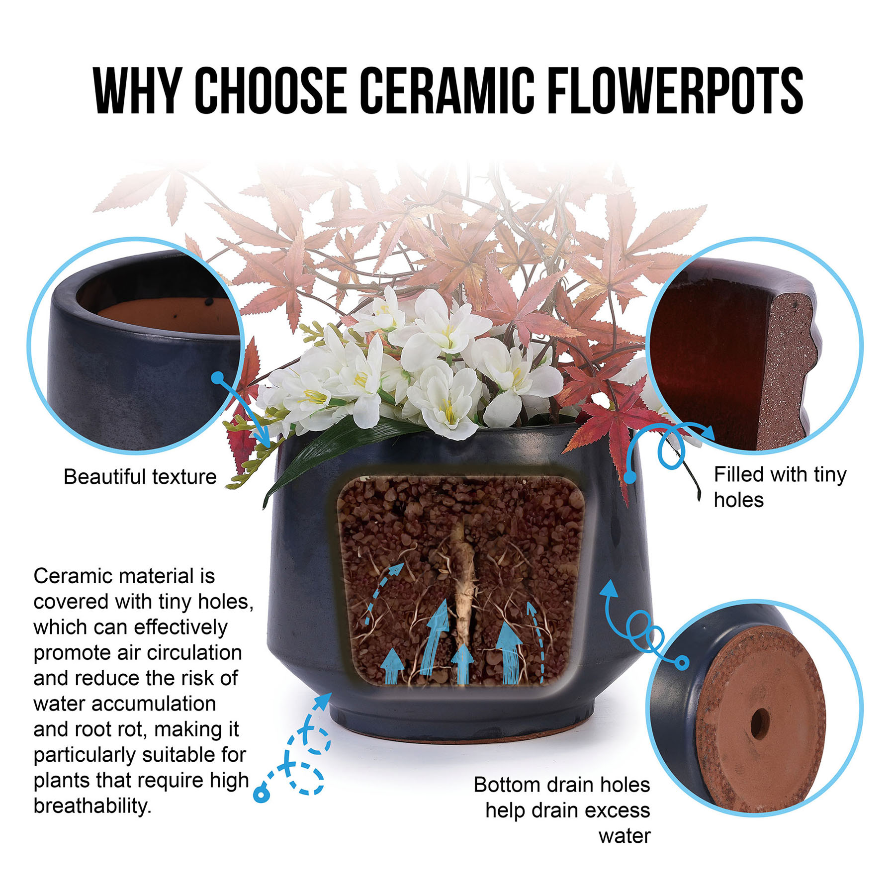 S-HOME Set of 3 Antique Gray Ceramic Planters, 15" 11" 9"  Modern Flower Pots for Indoor/Outdoor