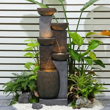 5 Tiers Modern Cascading Large Outdoor Fountain with Lights Water Fountain for Garden, Patio, Backyard, Deck, Porch and Home Art Decor