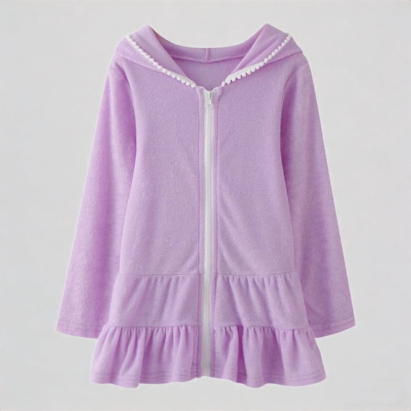 REDARER Girls' Terry Cloth Swim Cover Up, Zip Up Hooded Beach Dress with Ruffled Hem, Absorbent Bathrobe for Kids,7-8 Years