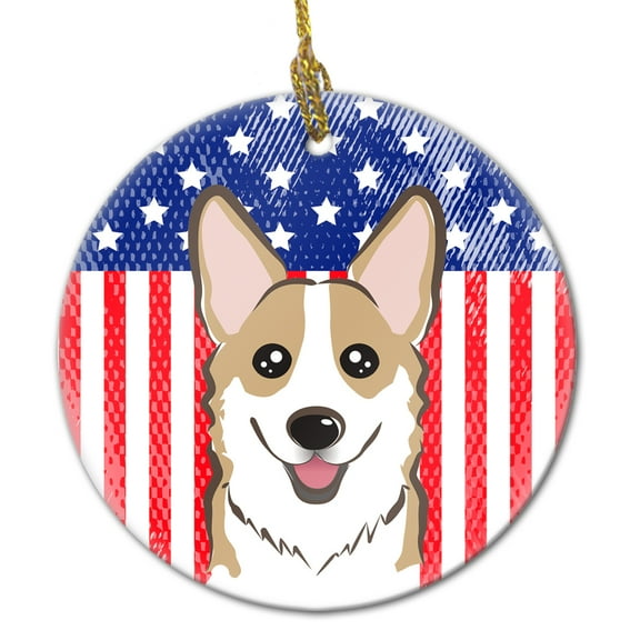 American Flag and Sable Corgi Ceramic Ornament