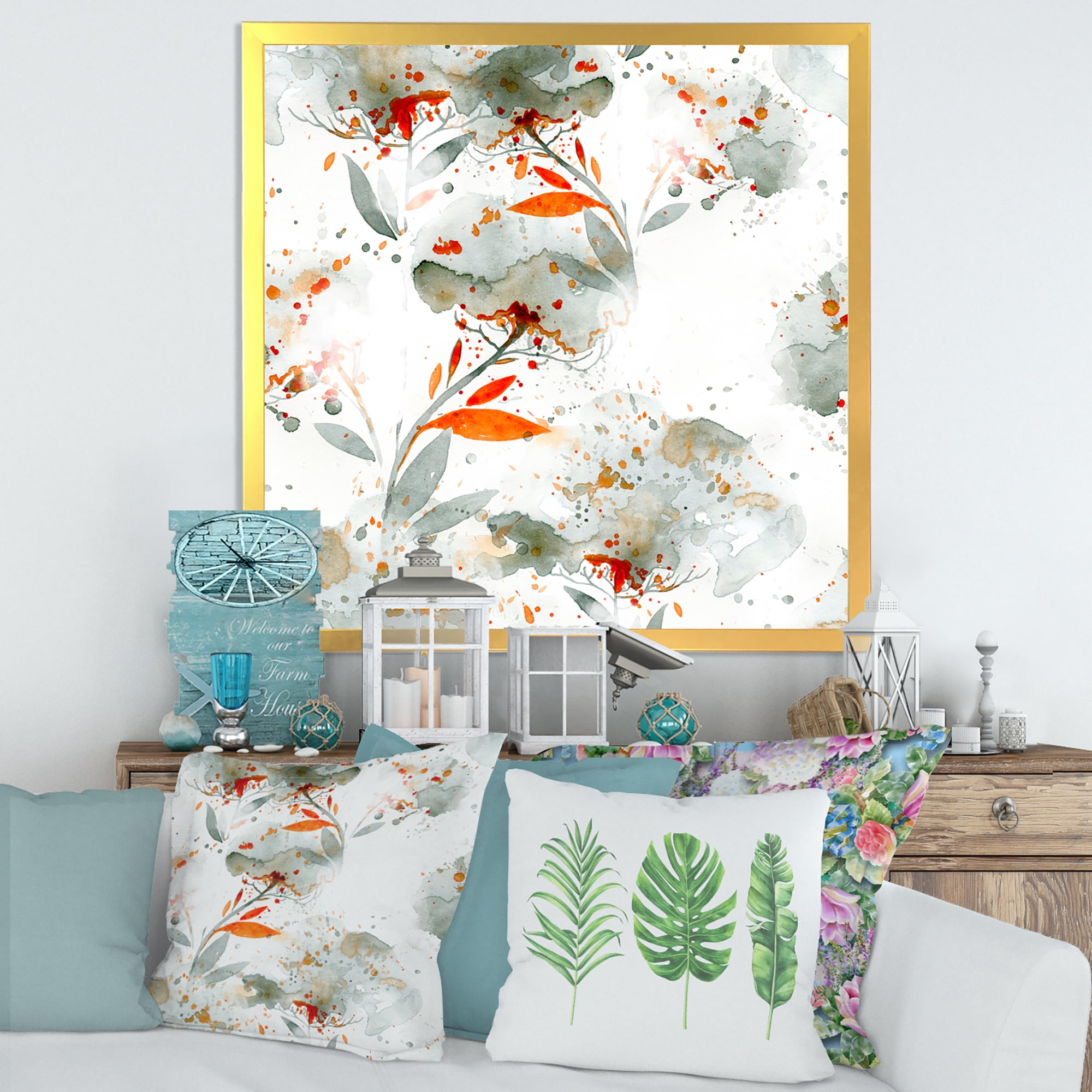 Designart 'Orange and Green Wildflowers I' Modern Framed Art Print