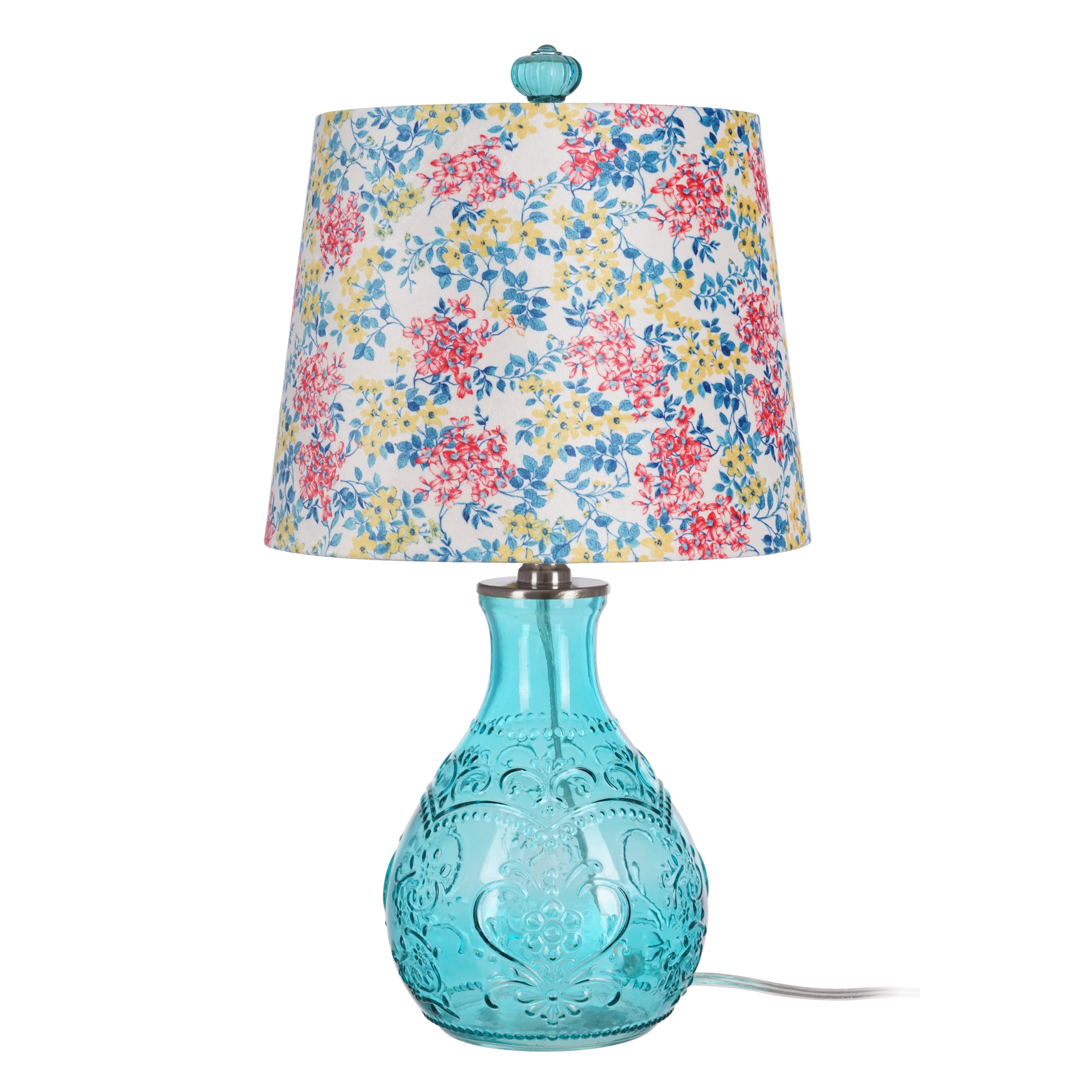 The Pioneer Woman Washy Ditsy Embossed Table Lamp with Pretty Posies Linen Shade, Teal