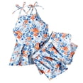 thumbnail image 4 of Pandaie Girls Tankini Swimsuit Flower Print Criss Cross Strap Bathing Suits Summer Beach Two Piece Swimwear with Shorts 3-4 Years Blue, 4 of 7