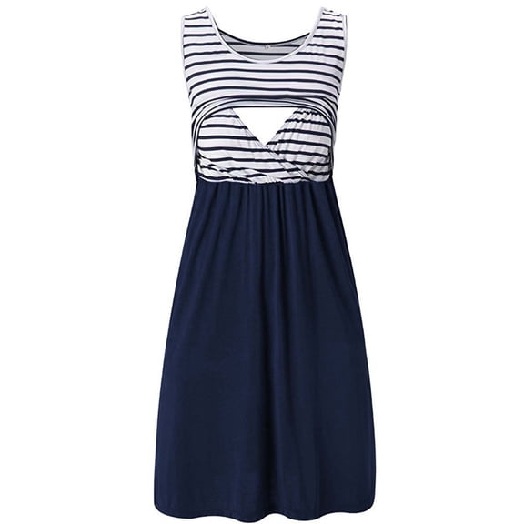 Lolmot Womens Maternity Dress Summer Sleeveless Crew Neck Striped Stitching Tank Mini Dresses Casual Loose Breastfeeding Nursing Dress on Clearance
