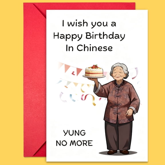 Happy Birthday Card in Chinese – “Yung No More” Celebratory Design – Envelope Included, Blank Inside – Perfect for All Ages and Occasions