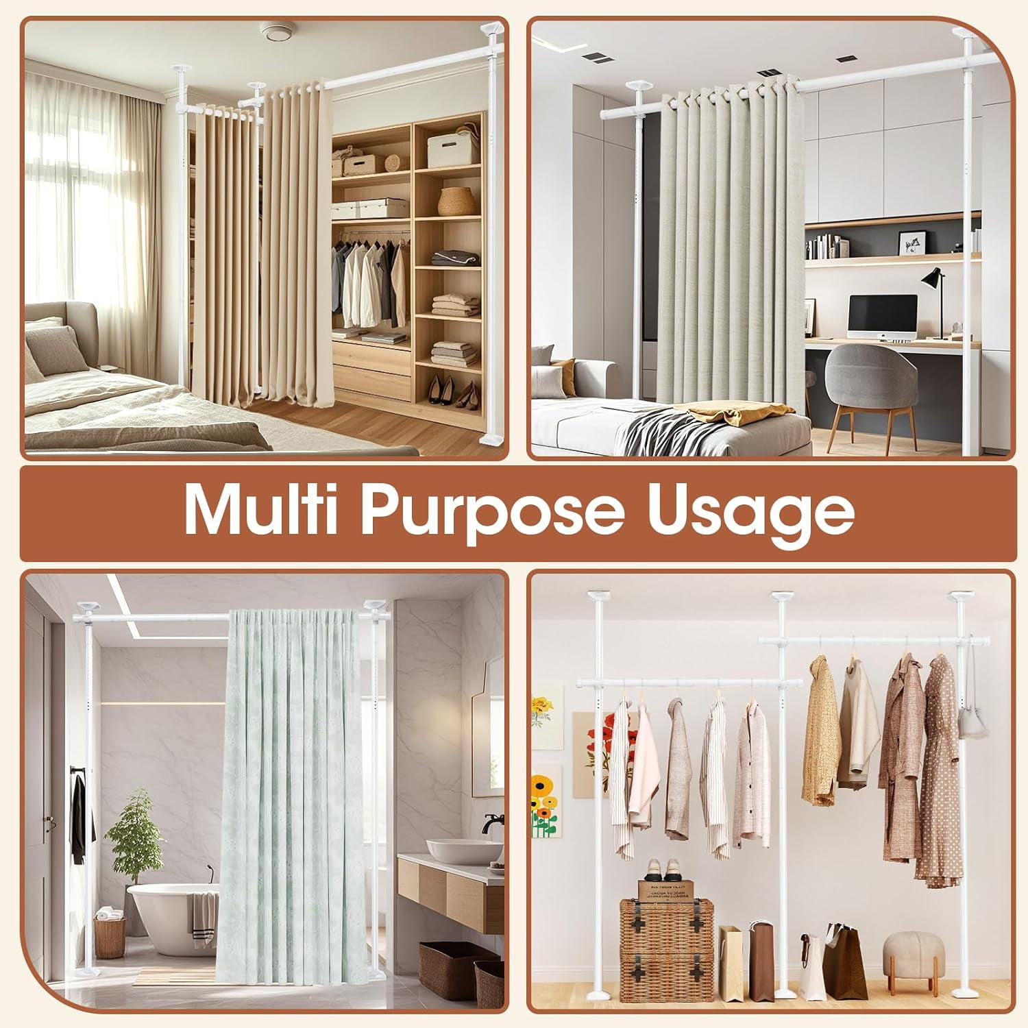 Room Divider No Drilling Curtain Rod Wall Divider for Room Separation, 4-10ft(H) 28-114inch(W) Adjustable, Heavy Duty Partition Space Separator Freestanding Tension Curtain Stand, White