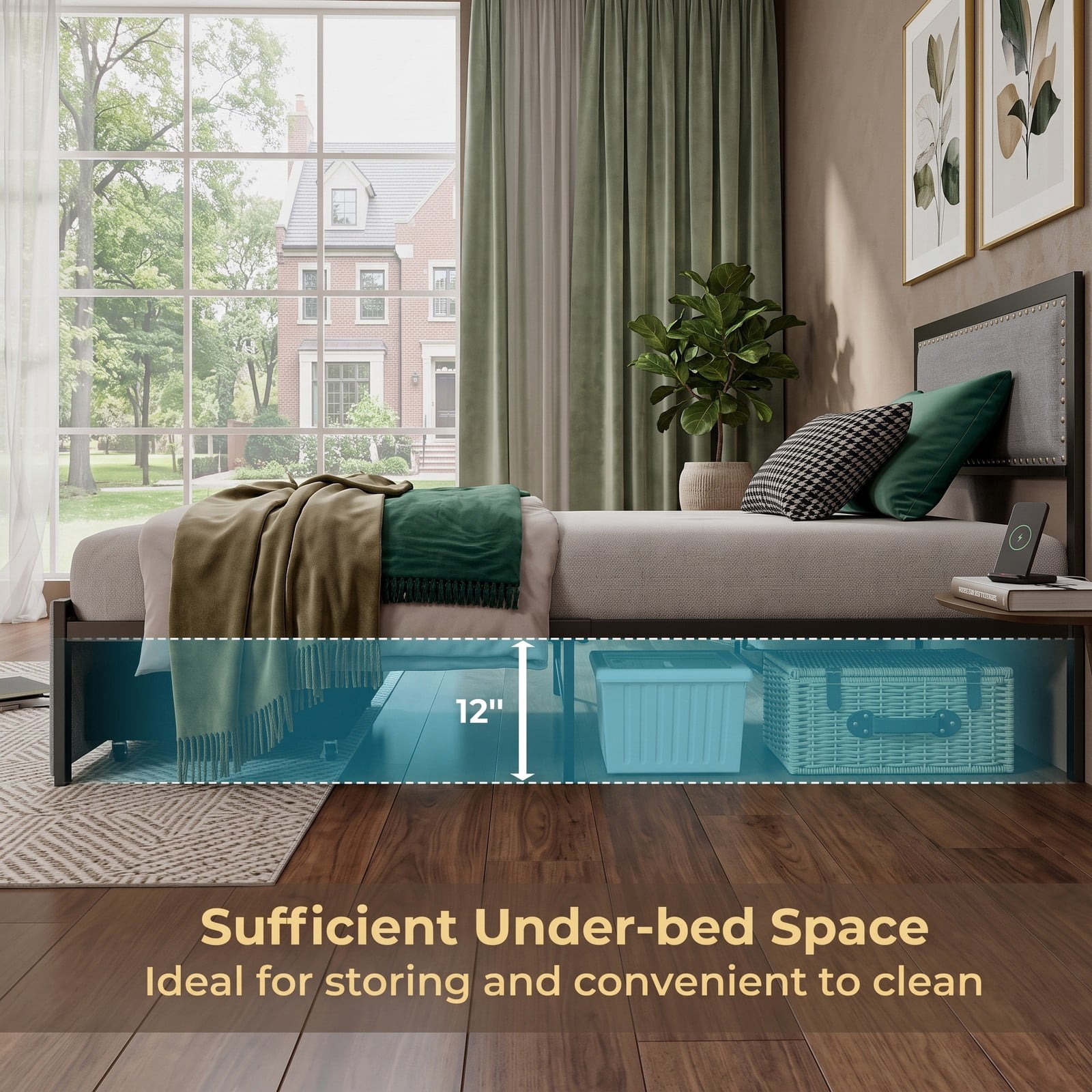 Furnibear Queen Bed Frame with Headboard, Metal Platform Bed with Upholstered Headboard, LED Lights and Storage Drawer, No Box Spring Needed, Gray
