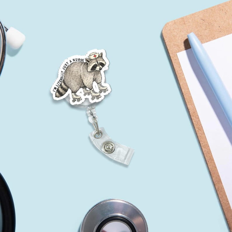 TiniDecor Funny Raccoon Nurse Badge Reel, “I’m Literally Just a Nurse” Retractable ID Holder, Cute Gift for RN or Medical Staff