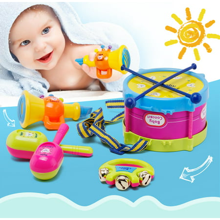 Baby Concert Toys 5PC New Roll Drum Musical Instruments Band Kit Unisex Colorful Educational Learning and Development Toys Gift for Toddler Infant Newborn Children Kids Boys (Best Educational Toys For 6 12 Month Olds)