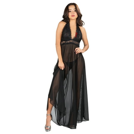 Sexy Nightgown Dress V Neck Halter Sheer Mesh Lace Waist G String Thong Included Lingerie Set