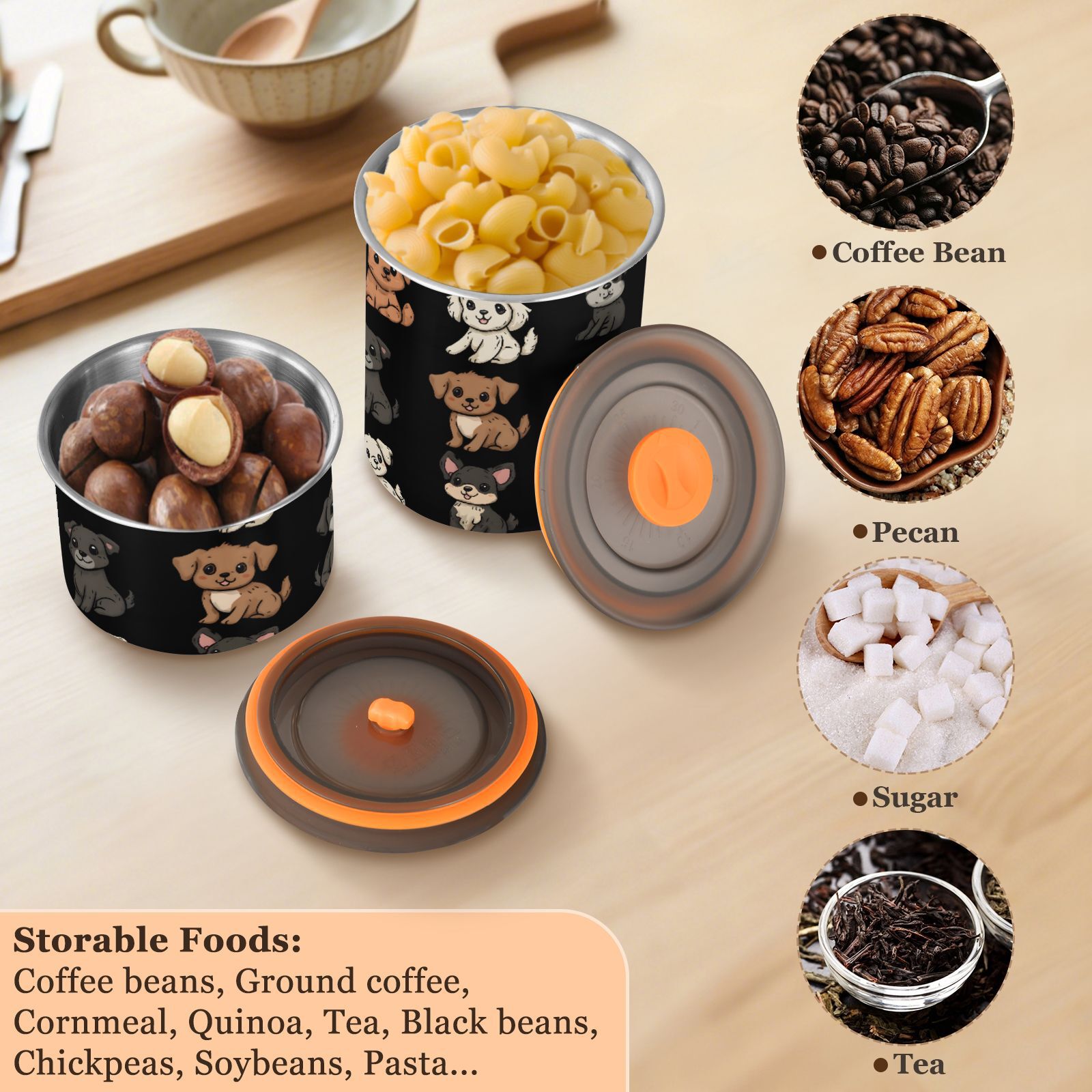 Cute Puppy Dogs Print Airtight Coffee Bean Canister 30oz Food Storage Containers with Lids For Gournd, Tea, Sugar, Flour, Rice, Cereal, Candy Cookie Jar