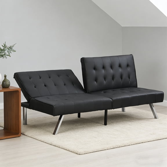 Aukfa 67" Tufted Futon Convertible Sofa Bed Separate Back Chaise Couch for Home Office, Leather, Black