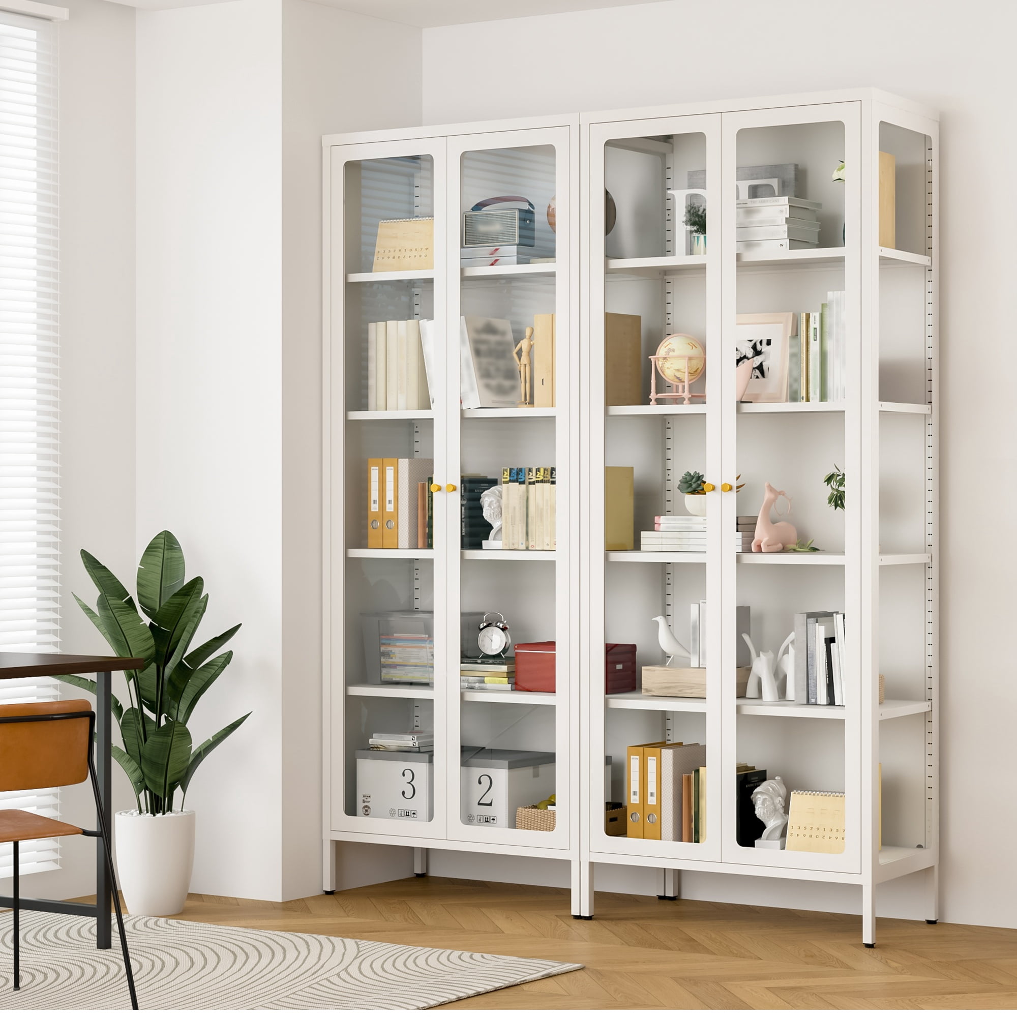 Display Cabinet with Glass Doors, 5-Tier Storage Shelves with 3-Side Tempered Glass, 4 Adjustable Shelves Collectibles Toys Organizers Rack, Display Shelf & Bookshelf, White