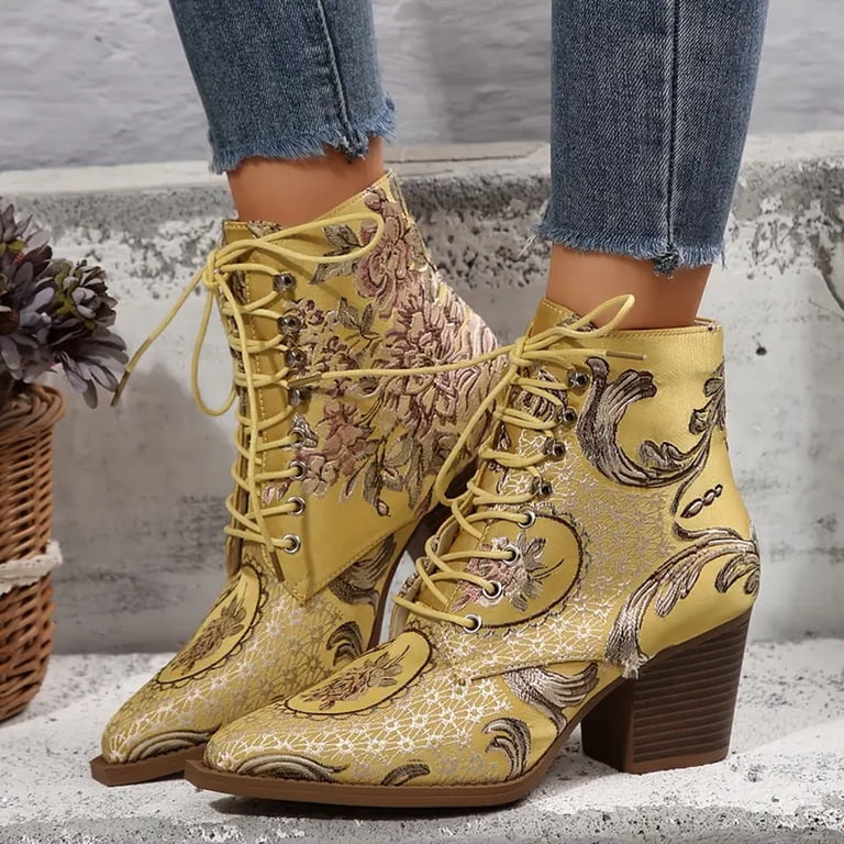 Oyedens Women's Ethnic Embroidered Combat Boots Vintage Lace Up Pointed Toe Chunky High Heel Short Dress Ankle Booties, Size: 6.5, Yellow