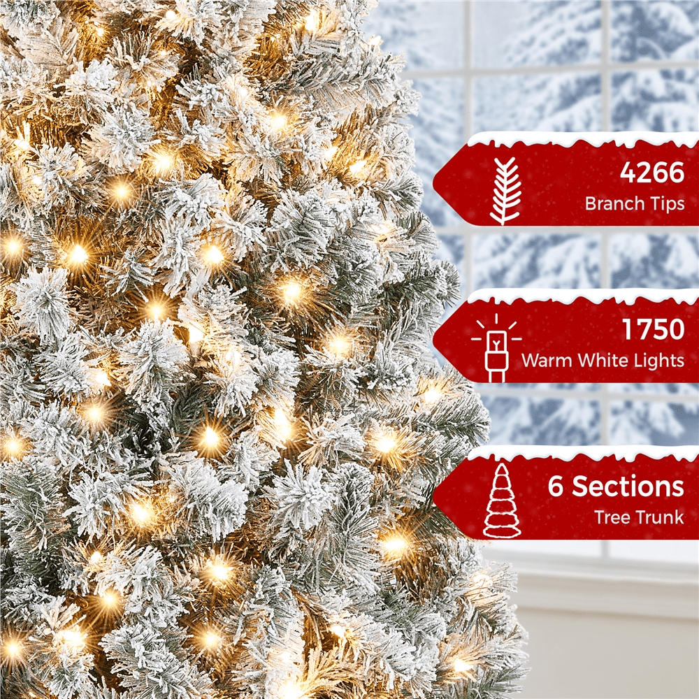 Renwick 12Ft Pre-lit Flocked Artificial Christmas Tree with Foldable Stand, Green