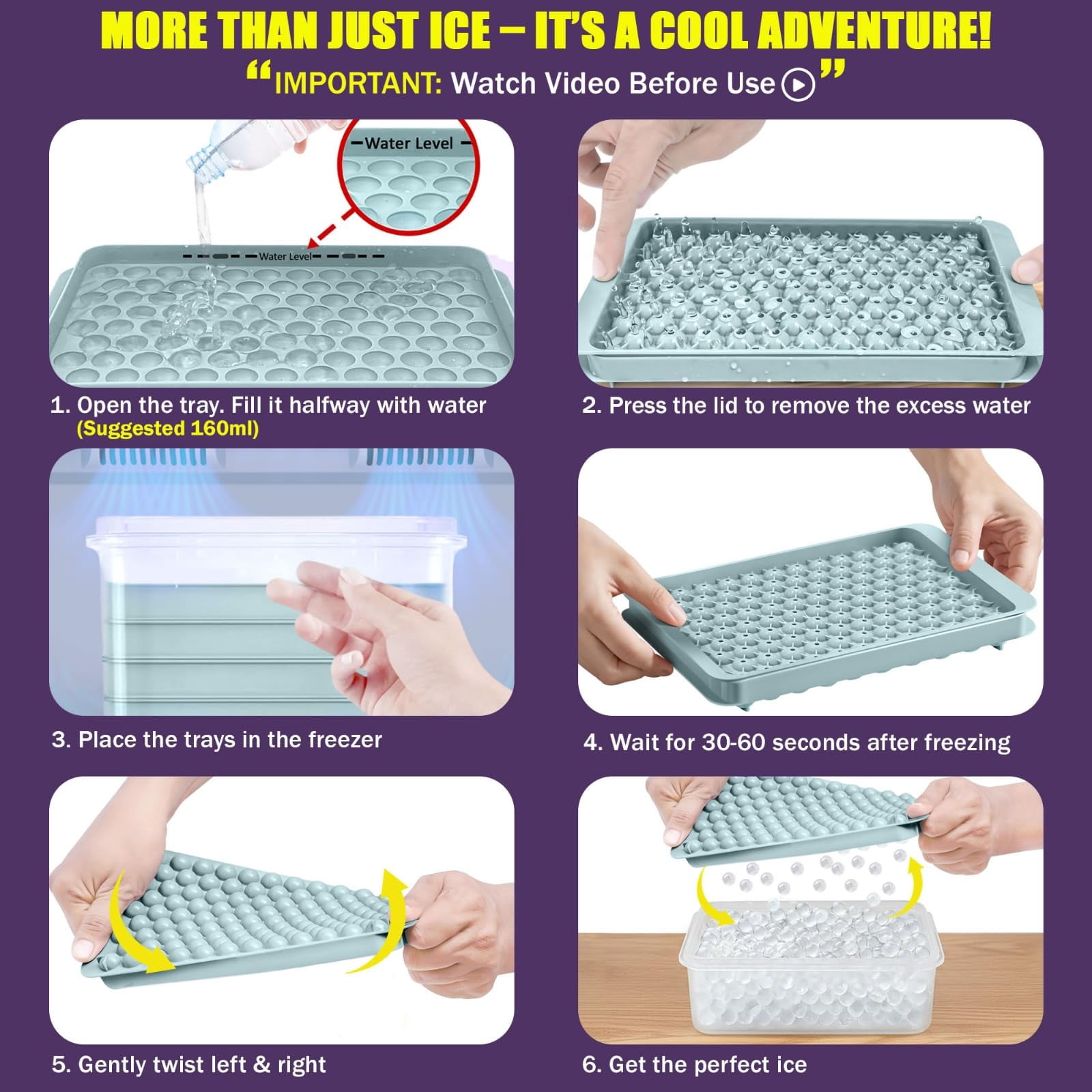0.55in Mini Ice Cube Trays - Tiny Pebble For Iced Coffee & Fast Chill  Easy Twist Release Stackable With Lid Storage Bin Tongs 2 Straws (4 Pack Blue)
