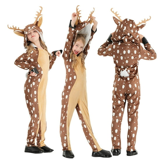 Lovzfmll Christmas Toddlers Deer Animal Jumpsuit, Footed Onesie Bodysuit, Soft All-in-One Loungewear Winter Pajamas, Cute Stage Performance Costume for 3-13 Years