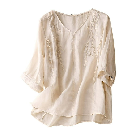 yunLCZ Women's Cap Sleeve Tank Tops Women's Cotton Linen Button Short Sleeve Shirts Summer Loose Crew Neck Casual Boho Top Vintage Embroidered Blouse Tops