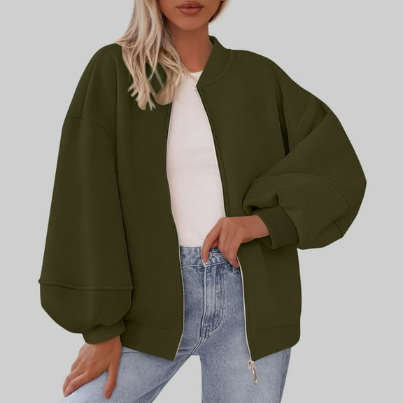 ITSAME Jackets for Womens, Loose Active Fit Zipper with Pockets Fashion Causal Bomber Outwear Army Green XL