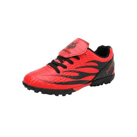

Harsuny Kids Sports Breathable Football Shoes Flexible Lace Up Sport Sneakers Ground Fold-resistant Short Nails Soccer Cleats Red 2.5Y