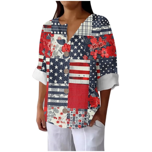 Vestidos Casuales Para Mujer, Blusas De Mujer De Moda Blusa holgada de lino con cuello en V, manga tres cuartos y botones decorativos para mujer.