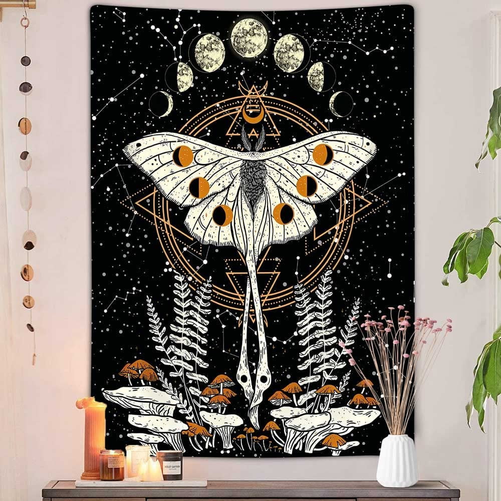 Butterfly Moth Tapestry Trippy Mushroom Tapestry Sun and Moon Phase Tapestries Celestial Stars Vertical Aesthetic Witchy Tarot Tapestry Wall Hanging Poster College Bedroom Dorm 40X60IN