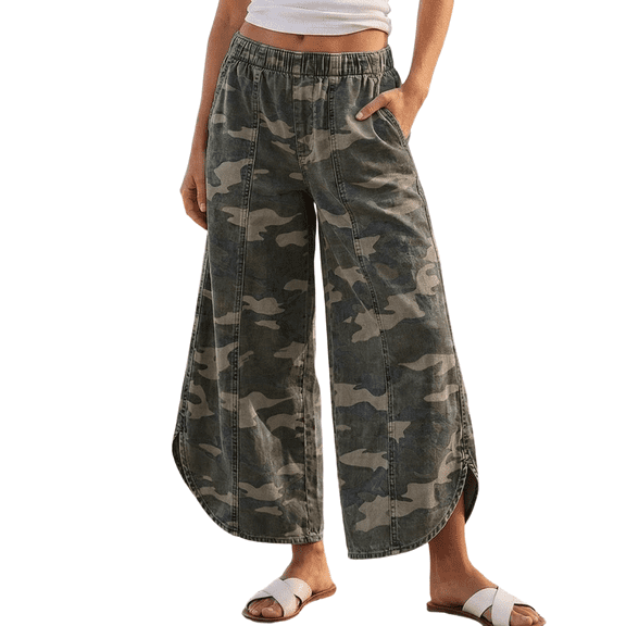 Wide Leg Jeans for Women Baggy Y2K Cropped Pants Elastic High Waisted Jeans Pull on Jeans with Pocekts