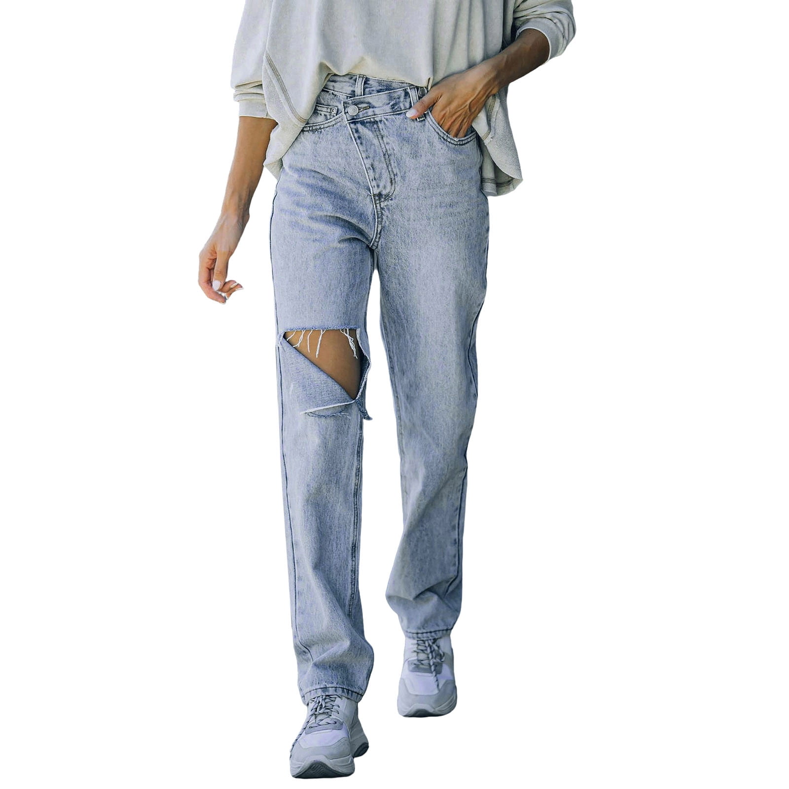 Aayomet Baggy Jeans Women Casual Ripped Straight High Waisted Straight Leg Bottom Jeans Pants Light Blue XXL