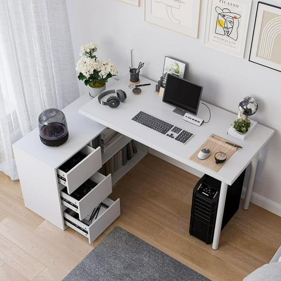 L Shape Computer Desk with 3 Drawers and 2 Shelves, Home Office Desk Corner Small Desk with Storage Cabinet for Writing Study Executive – White