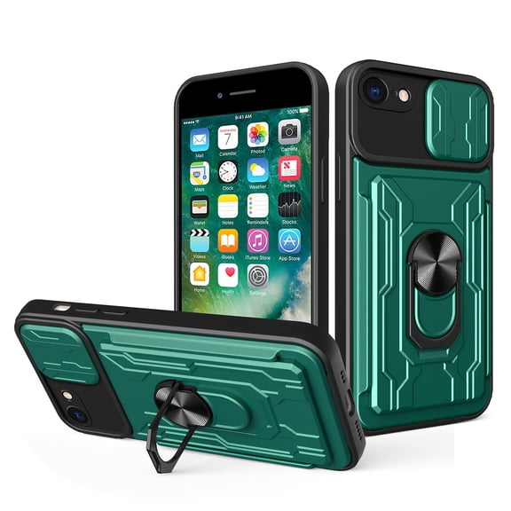 JTCASES for iPhone 6/6S Case, Slide Camera Window   Card Slot   Rotating Ring Bracket TPU Soft Shell & PC Backplane Car Mount Hybird Heavy Duty Shockproof Shell, Green
