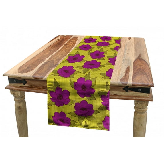 Floral Table Runner, Rhythmic Vibrant Tone Flower Sketch on Striped Background, Dining Room Kitchen Rectangular Runner, 3 Sizes, by Ambesonne