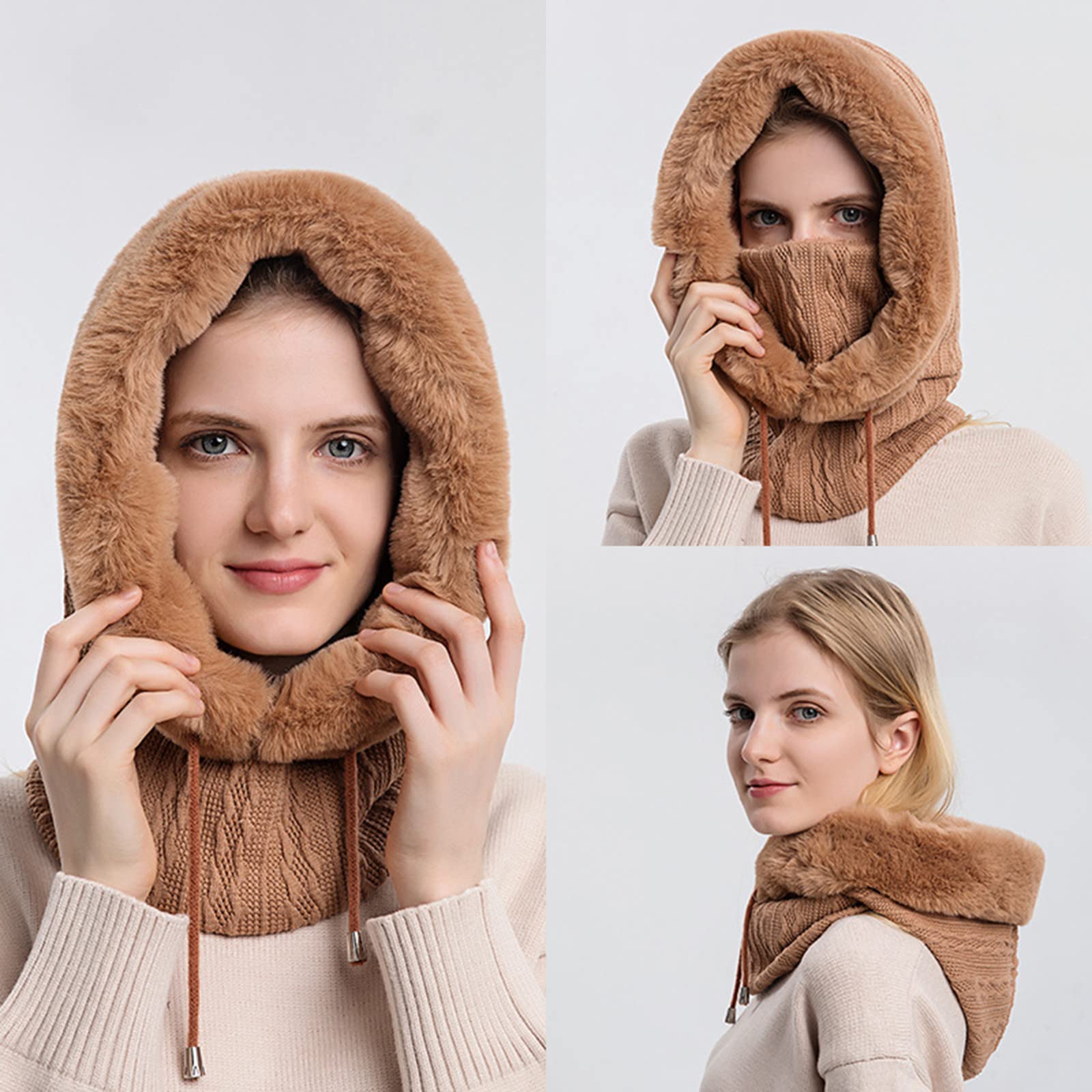 Lovebay Winter Hats for Women, Warm Hooded Head Scarf Wrap Knitted Faux ...
