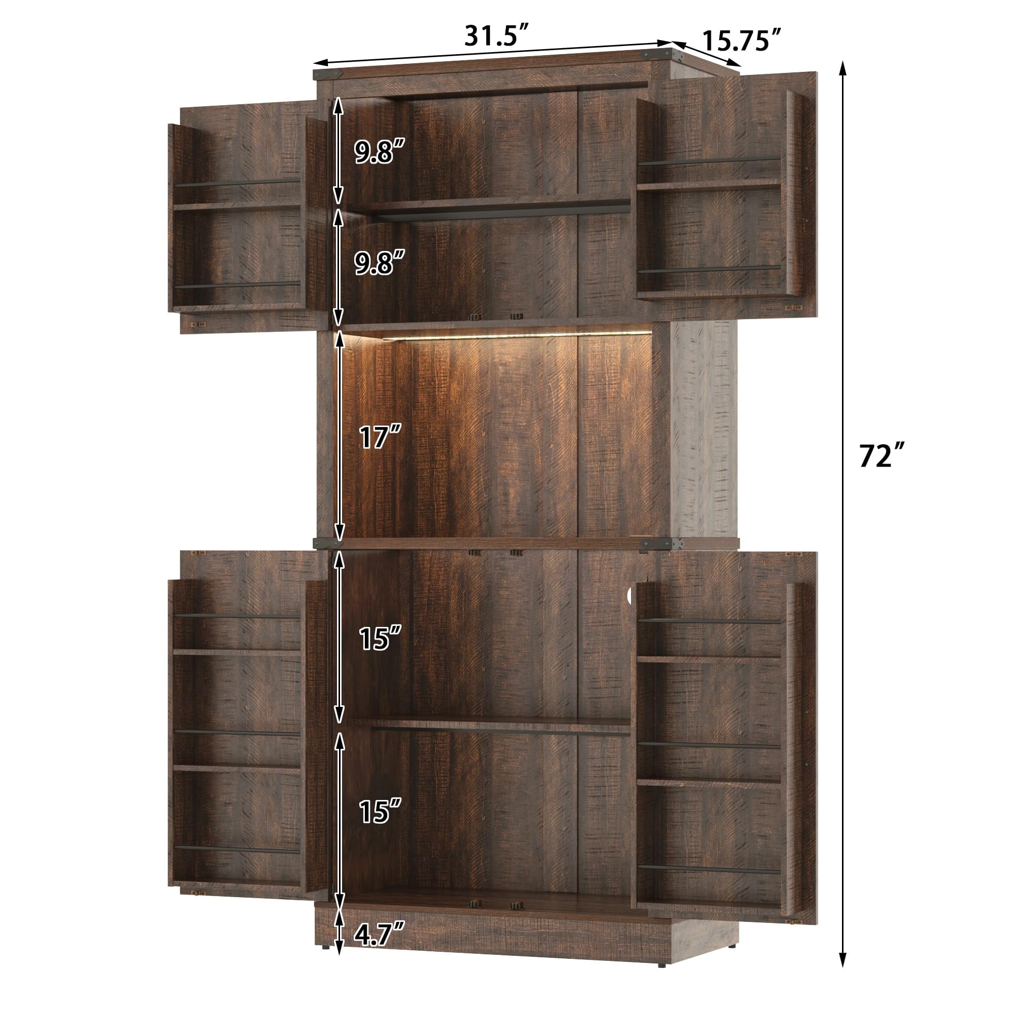 72" Tall Farmhouse Kitchen Pantry Cabinet with 10 Side Shelves and LED Light & Power Outlet, 5 Layers Pantry Storage Cabinet with Barn Doors&Load-Bearing Steel Pipe for Dining Room,Living Room,White